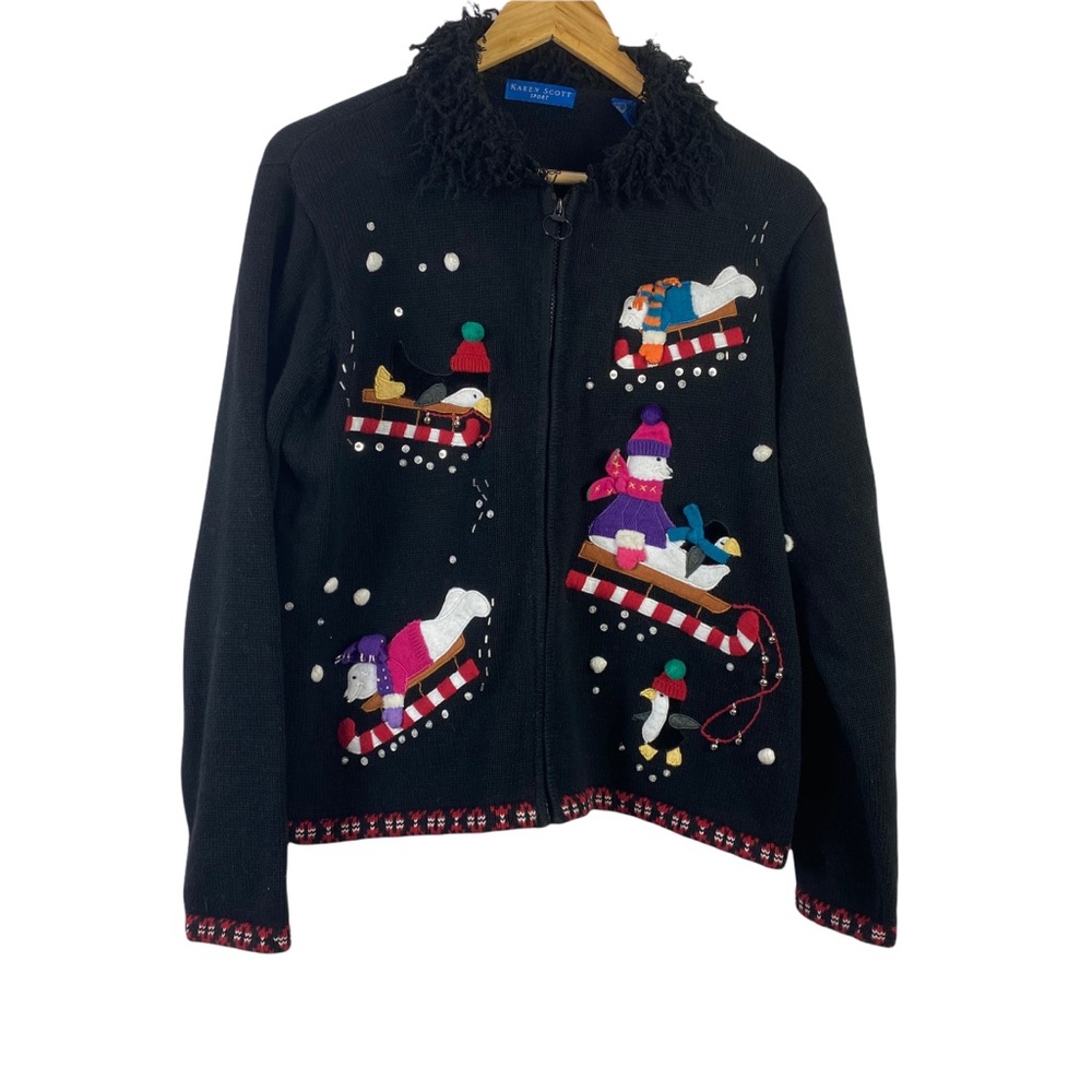 Karen Scott Sport Womens Ugly Christmas Sweater Cardigan Winter Ugly Sweater L